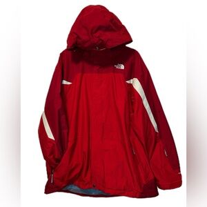 Retro The North Face red ski jacket with sleek white stripped arms